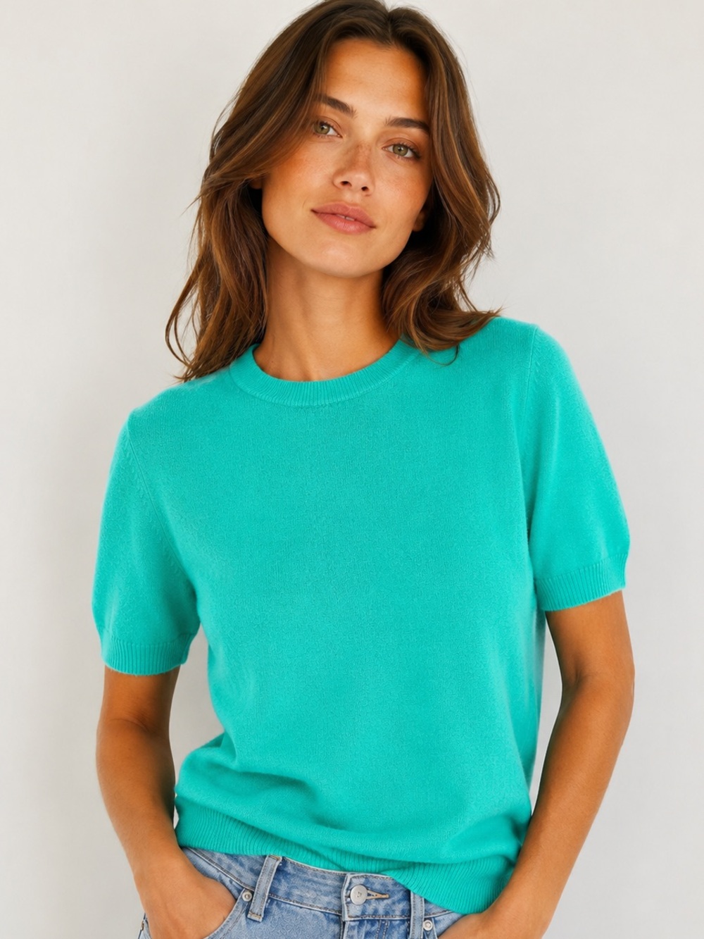 Lands’ End 100% Cashmere Short Sleeve Sweater |XS Petite| Teal Luxury Knit